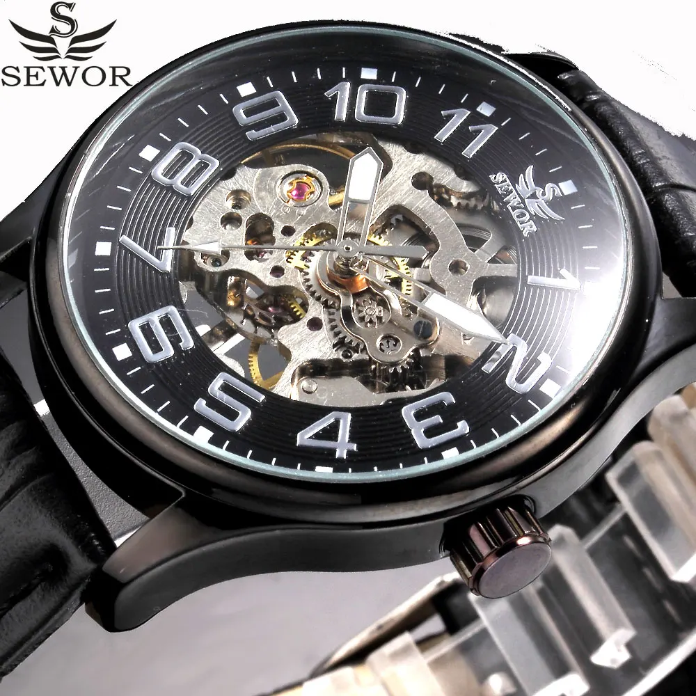 SEWOR Top Brand Skeleton Watch Men Transparent Clock Male Black Leather