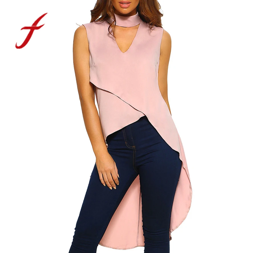 

Women T Shirts Street Fashion Slim Summer Solid color O-neck rear slit front cross sleeveless tuxedo tail bib long top