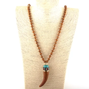 

Fashion Bohemian Tribal Jewelry Brown Stones Long Knotted Brown Ox Horn Pendant Necklaces Women Ethnic Necklace