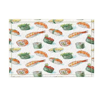 

Artistic Asian Food Decor, Watercolor Japanese Sushi with Shrimp in White Bath Rugs, Non-Slip Funny Indoor Outdoor Doormat
