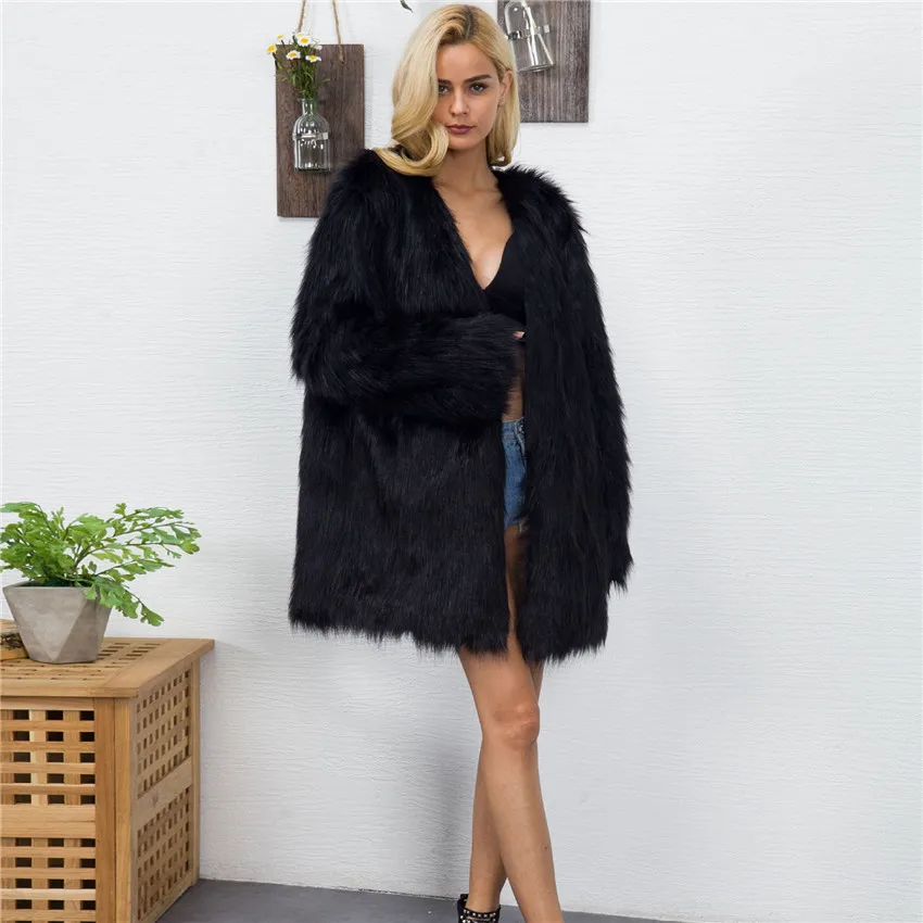 LANSHIFEI пальто из искусственного меха для женщин с длинным рукавом толстые теплые пушистые куртки размера плюс зимнее женское черное меховое пальто средней длины T8