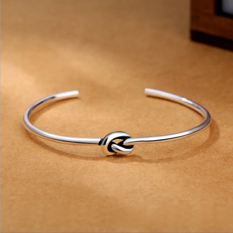 

925 Sterling Silver Jewelry Simple Love Knot Slender Opening Bangle Female High-quality Popular Personality Bracelet