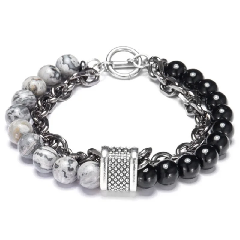 

Natural Map Stone Men's Beaded Bracelet For Women Stainless Steel Bracelets Male Jewelry Tiger eye Stone 8 9 10 inch Drop Ship