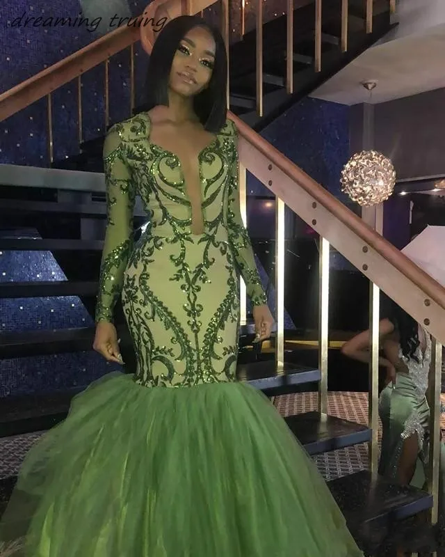 Южно-Африканское зеленое расшитое блестками платье русалки для выпускного вечера для девочек с длинным рукавом, вечернее платье
