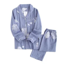 Korea Fresh maple leaf pajama sets women 100% gauze cotton long sleeve casual sleepwear women pyjamas summer hot sale 2019