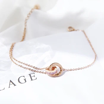 

Fashion Rose Gold Color Beautiful Anklet Double Circle Chain Roman Numeral And Crystal Anklet Woman Gift Titanium steel Jewelry