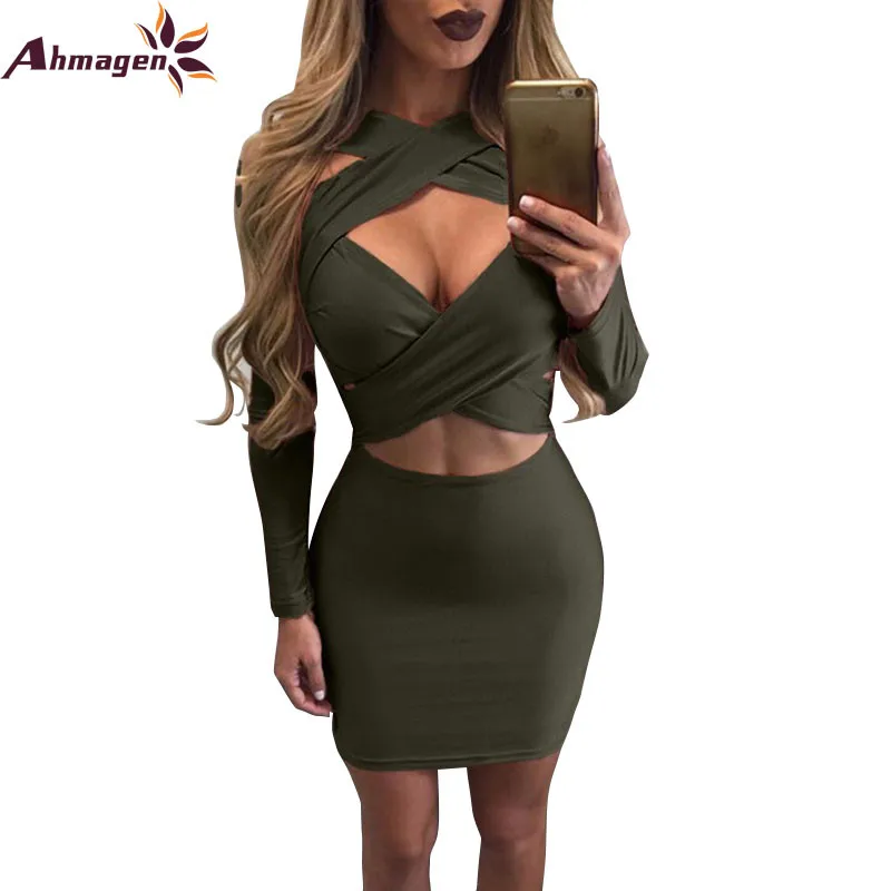 Ahmagen Sexy Длинным Рукавом Платья Партии 2017 Vestidos Midi Карандаш Клуб Bodycon Повязку Dress