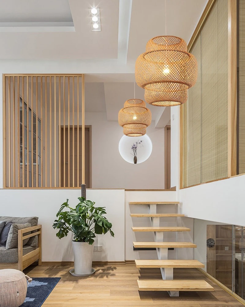 Novelty Japanese Style Hand Knitted Bamboo Pendant Lamp Modern Wood Decoration for Hotel Restaurant Cafe Bar Study Home Lighting (5)