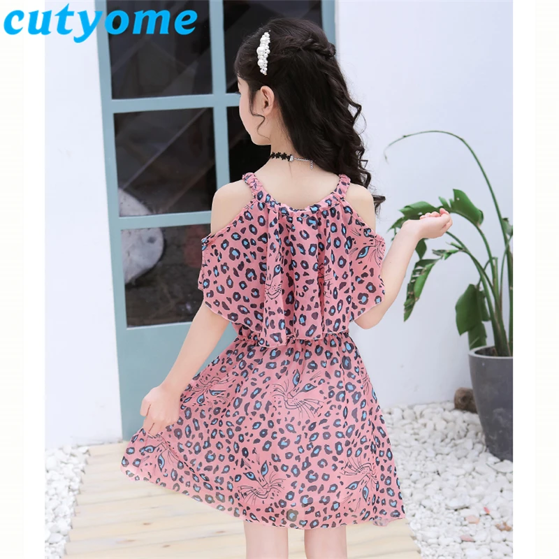 Cutyome Leopard Kids Dresses For Girls 2019 Summer Fashion Off Shoulder Chiffon Party Dress Teenage Girls Beach Sundress 9 13 14