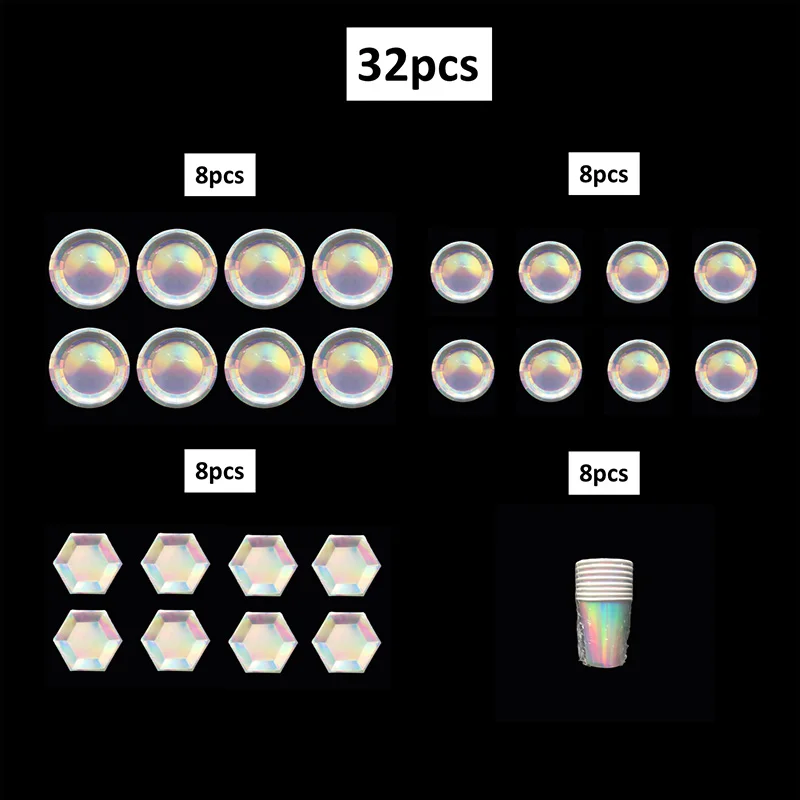 Переливающаяся бумага пластины чашки голографическая одноразовые посуда наборы для ухода за кожей русалки единовечерние Рог вечеринок Свадебные Baby Shower - Цвет: 32pcs