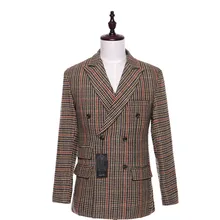 New Men Suit Jacket Plaid Fabrics Double Breasted Casual Men Coat Blazer Cotton Slim England Masculino Male Jacket Size XS-4XL