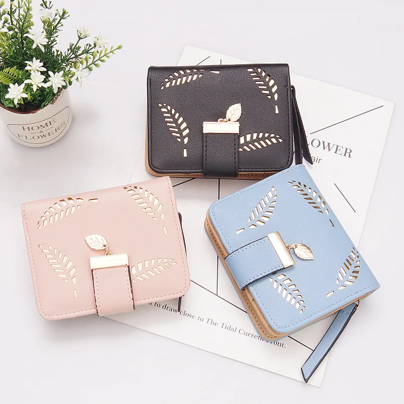 New Women Wallets Short Wallet Ladies Zipper Buckle Hollow Leaf Purse Wallet Female Women Zipper Purse Card Holder Cartera Mujer