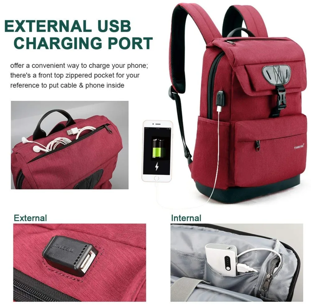  Tigernu Fashion Women Red USB Recharging School Bag Backpack for Teenagers Girls Anti theft Female  - 32847245048