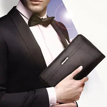 

Men Double Layer Faux Leather Wrist Strap Purse Wallet Clutch Bag Phone Holder