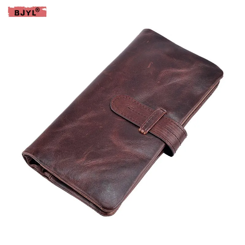 

BJYL Men's leather retro long paragraph handmade wallets multi-card first layer cowhide vertical section card holder women purse