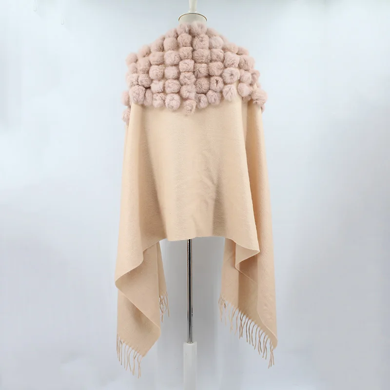 100% sheep fur cashmere shawl with real rabbit fur balls (14)
