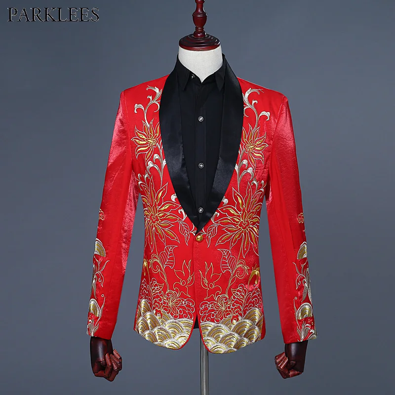 Brand 2 Piece Suit Men Shiny Red Gold Embroidery Satin Suit Blazer Mens