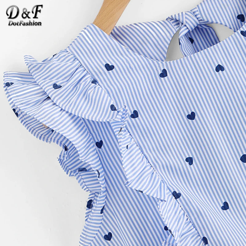 Dotfashion Frill Trim Open Back Bow Tie Detail Striped Top 2019 Summer Cap Sleeve Ruffle Slim Women Top Blue Round Neck Blouse