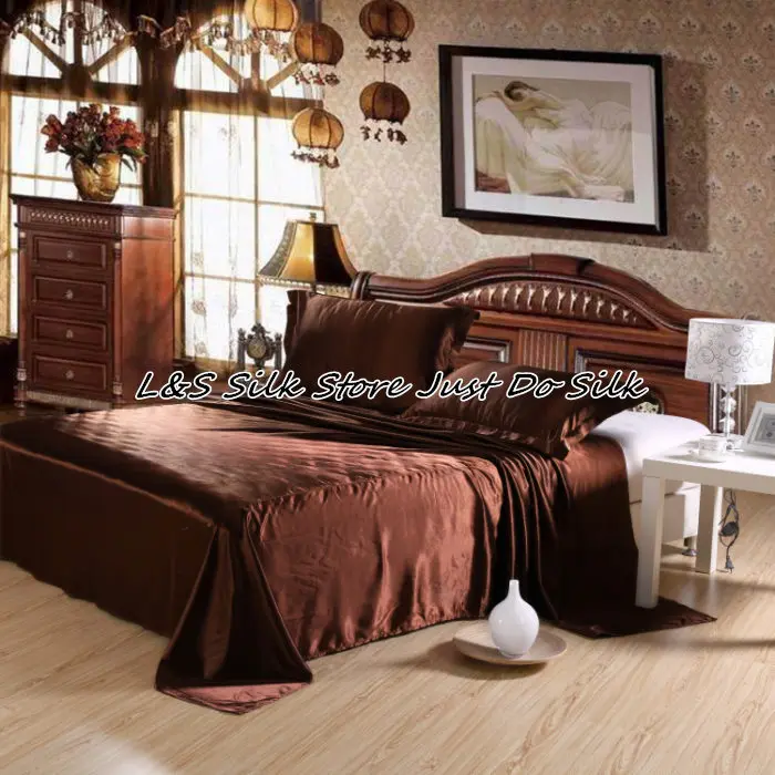 - Silk bedding sets 4pcs luxurious duvet cover dark coffee 100 mulberry silk fabric king queen Full Twin ls2128