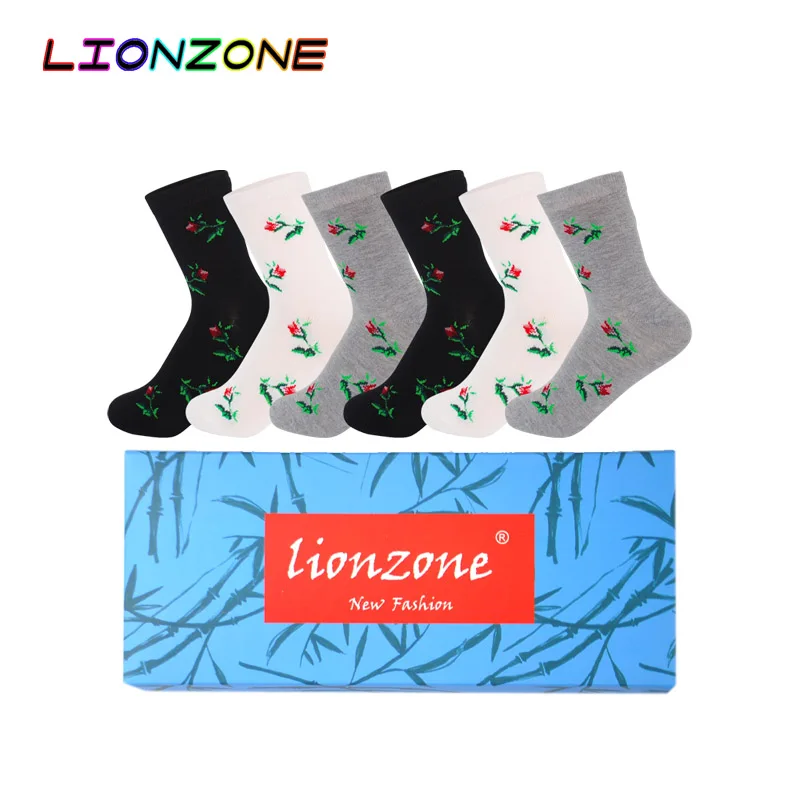 LIONZONE 6 пар/лот Для женщин вышивать цветок носки на каждый день забавные Softt дышащая ежедневно бамбука женские носки с подарочной коробке