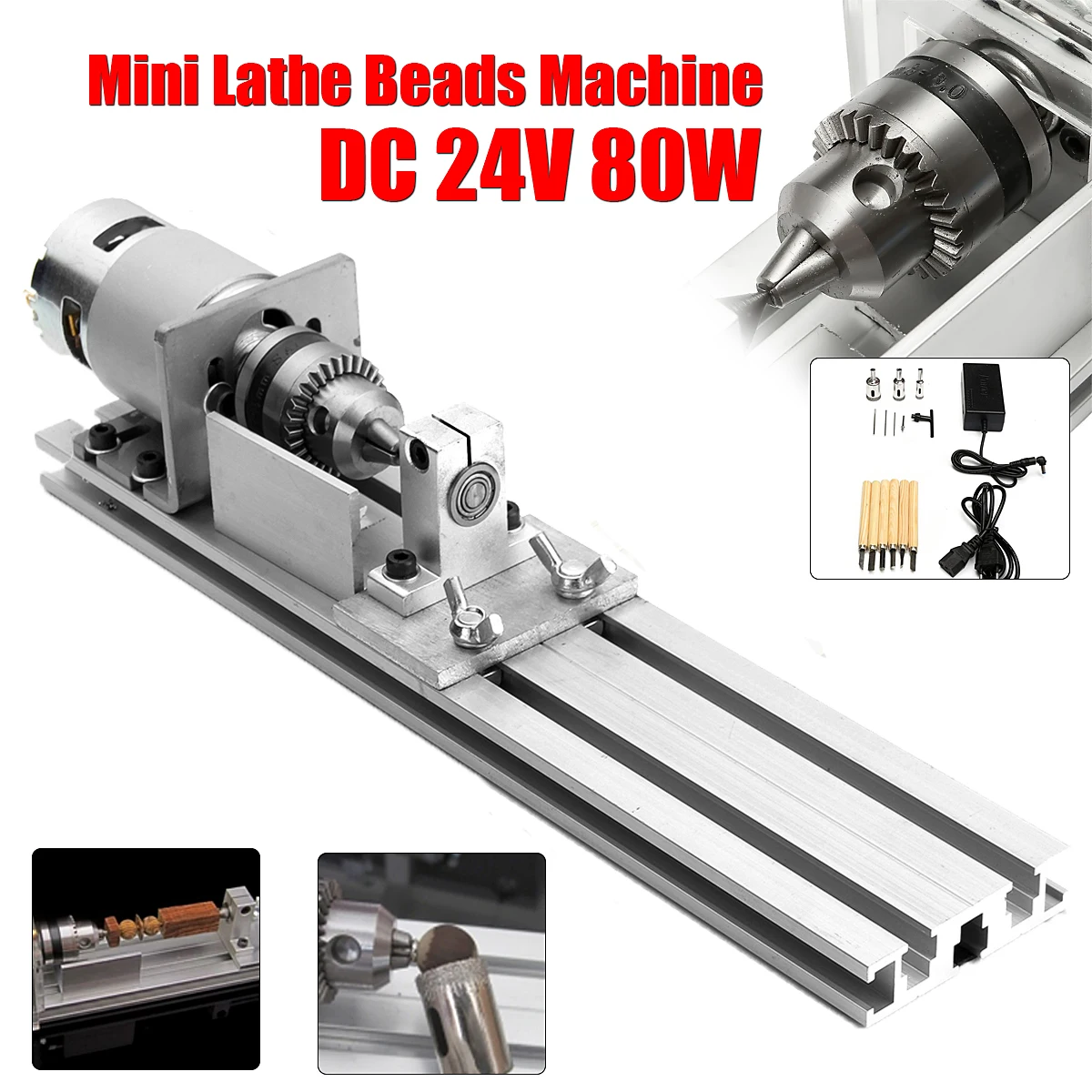 

DC 24V Mini Lathe Beads Machine 80W Woodworking DIY Lathe Standard Set Cutting Polishing Drill Rotary Tool with Power Supply