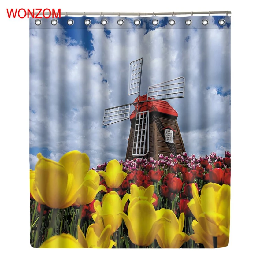 

WONZOM Tulip Windmill Shower Curtain Fabric Bathroom Decor Decoration Cortina De Bano Polyester Flower Field Bath Curtain Gift