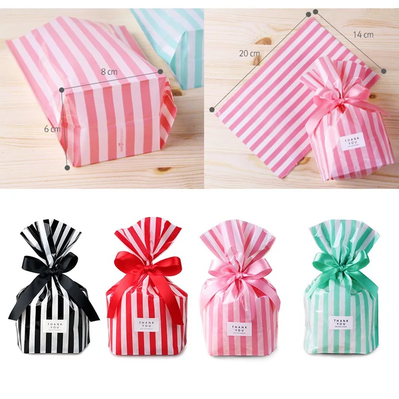 

10Pcs/lot Cute Bow Tie Stripe Cookie Candy Gift Bags for Candy Biscuits Snack Baking Package Event Party Supplies without bow