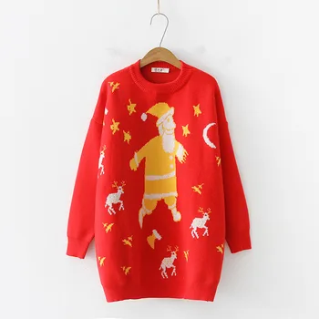 

OMCHION Pull Femme 2018 Korean Red Santa Claus Christmas Sweater Women Casual Loose Knit Warm Pullover Thick Jumper LMM282