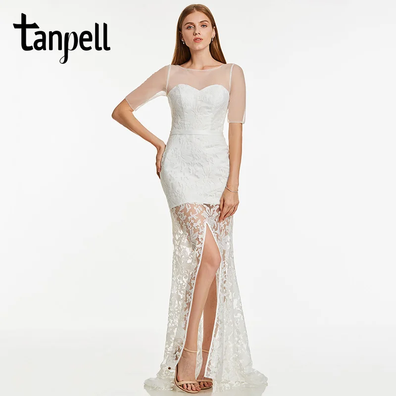 

Tanpell split front long evening dress ivory lace short sleeves floor length gown women prom sweep train formal evening dresses