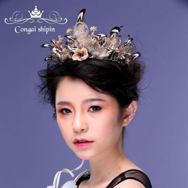 Continental retro Baroque feather leaf crown bride headdress jewelry wholesale wedding wedding photo studio master