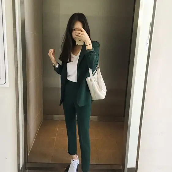 

Women's OL Style Black Suits Sets / Female Business Coats Solid Color Double Button Suits Jackets Blazers +Pants 2019 DC503