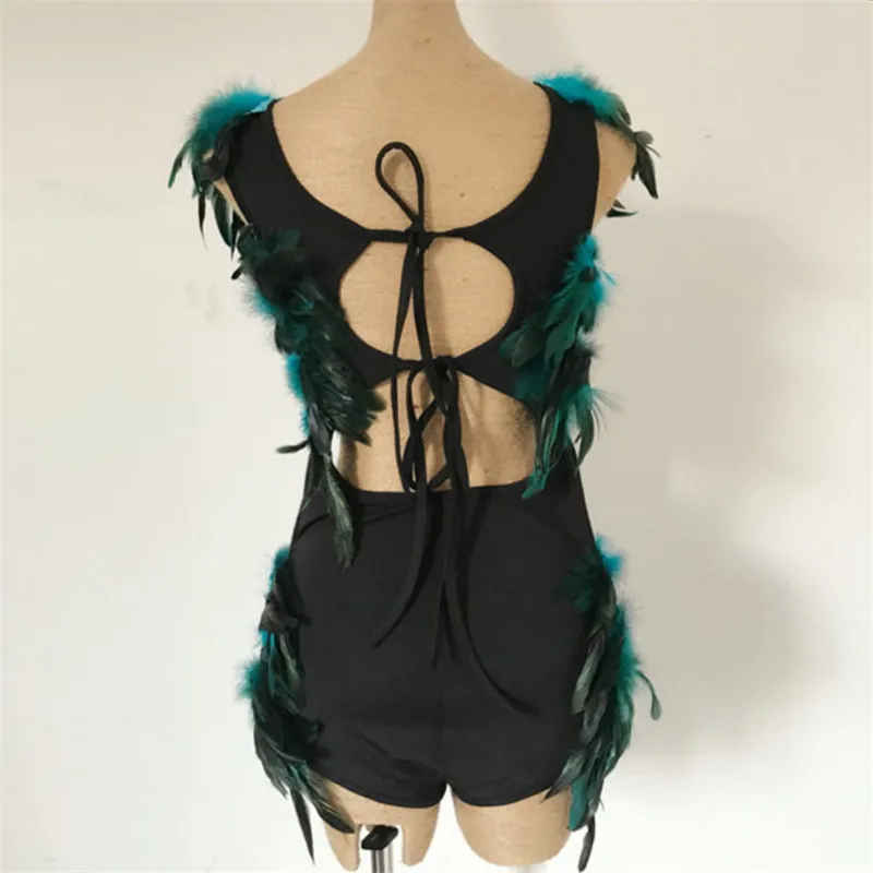Пушистый женский комбинезон с искусственными перьями павлина, сексуальный комбинезон с вырезами, модный сценический костюм, комбинезоны, вечерние, клубная одежда