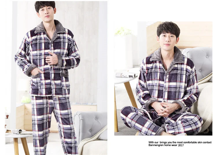 Pajamas Mens Flannel Pajama Suits Winter Autumn Sleeping Clothes Two Piece Nights Men Night Wear Clothing Thick Corduory 2018 New JW284 (4)
