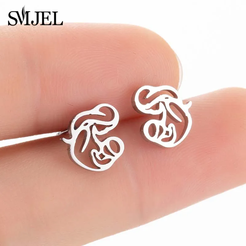 SMJEL Korean Stainless Steel Earrings for Women pendientes hombre Flower Small Earrings Studs Birthday Gifts Wholesale - Окраска металла: mom baby