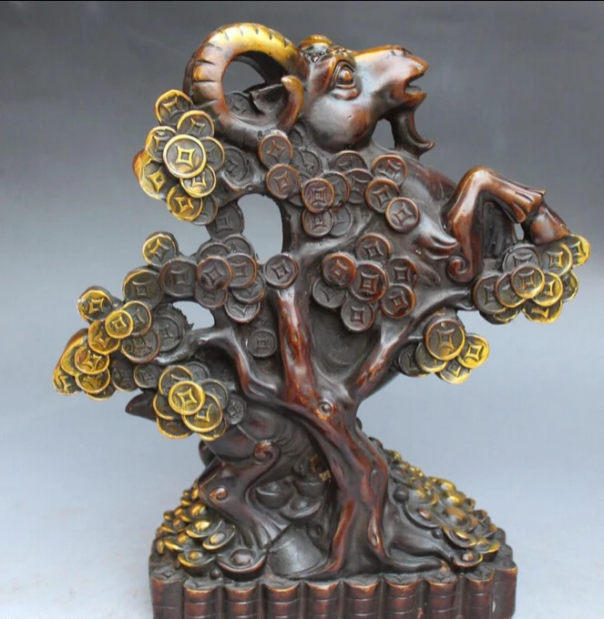 

bi002361 11"Marked Chinese Bronze Gilt Wealth Yuanbao Zodiac Year Sheep Money Tree Statue