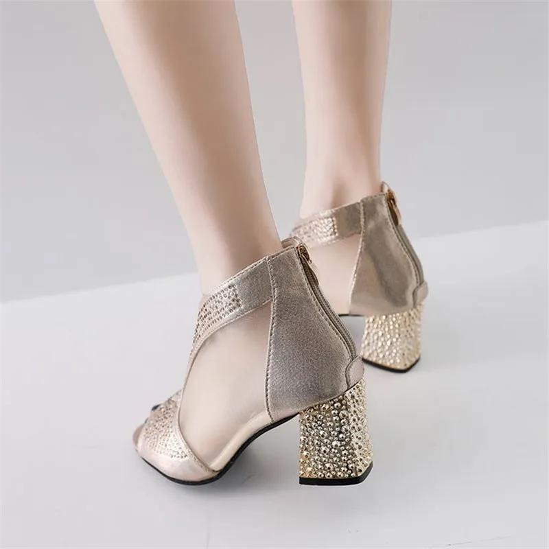 Г. Модные женские босоножки шикарные летние женские туфли на высоком квадратном каблуке 7 см со стразами свадебная обувь кожаная женская обувь Sandalia