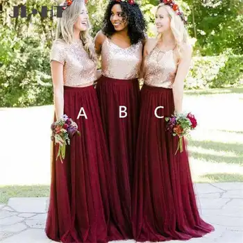 

Simple Gold and Red Bridesmaids Sequined Dresses A-Line Long Mismatched Chiffon Maid of Honors Bridesmaids Dress Plus Size