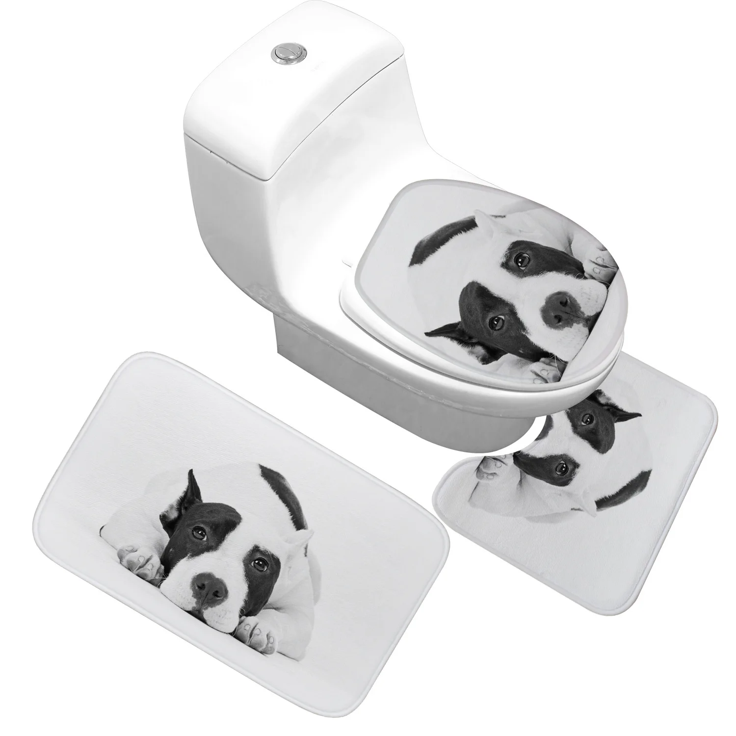

Bathroom 3 Piece Set Decorative Dog Photo Toilet Cover Anti-slip Bath Mat U-shaped Toilet Mat Flannel Absorbent Rug