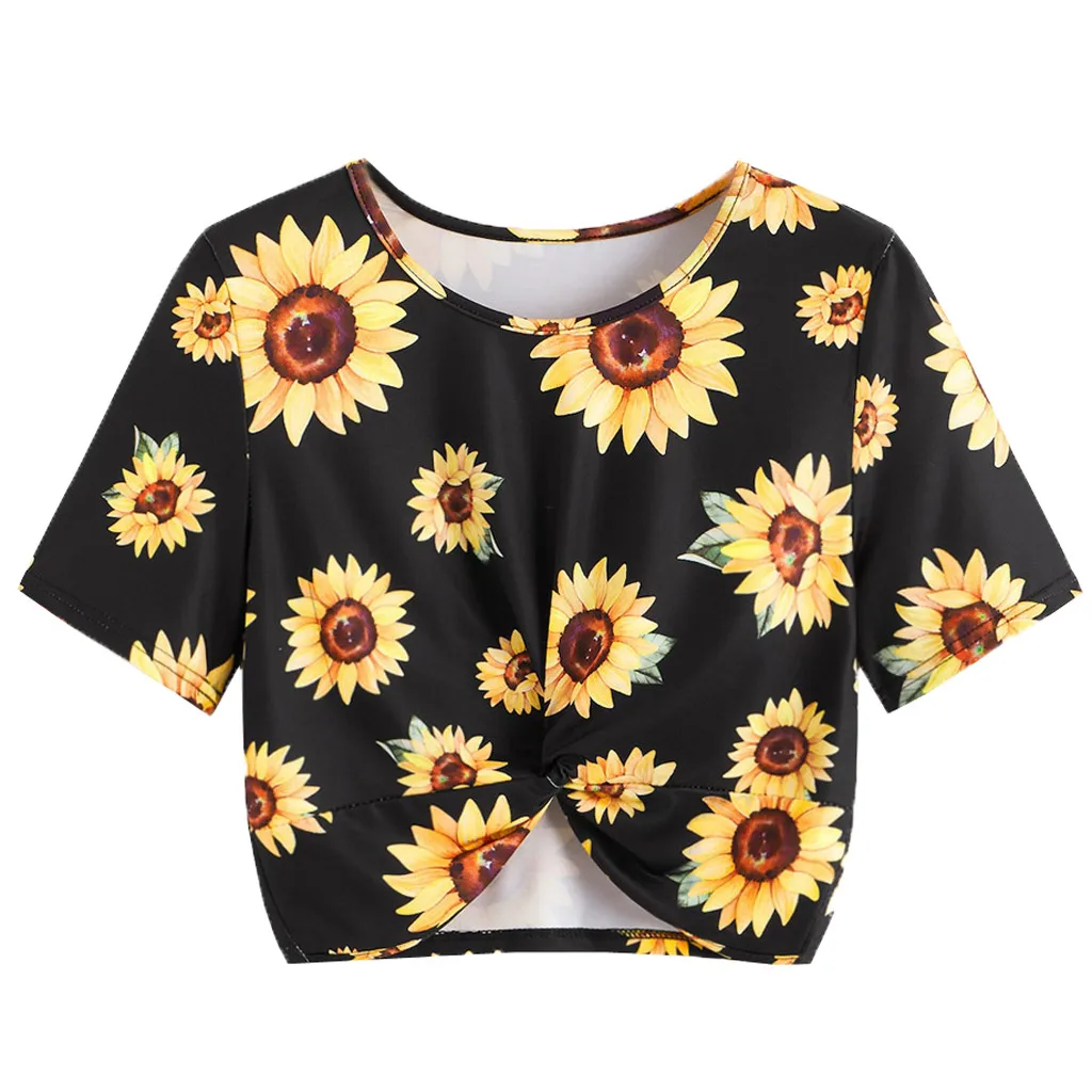 

New T-shirt Women short top Harajuku Short Sleeve Sunflower Print Knot Casual Sexy T-shirt Top Female Summer Beach Clothes