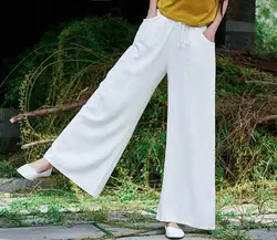 Мода 2019 Новые Летние Женские однотонные широкие эластичные повседневные брюки с поясом длинные брюки хлопковые льняные свободные брюки