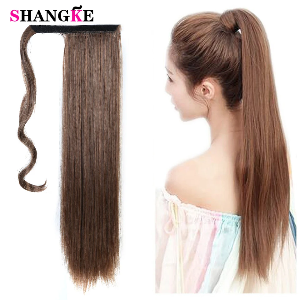 SHANGKE 24''Long Straight Ponytail Clip In Pony Tail Synthetic Hair Extension Extensions Wrap on Hair Pieces Fake Ponytail