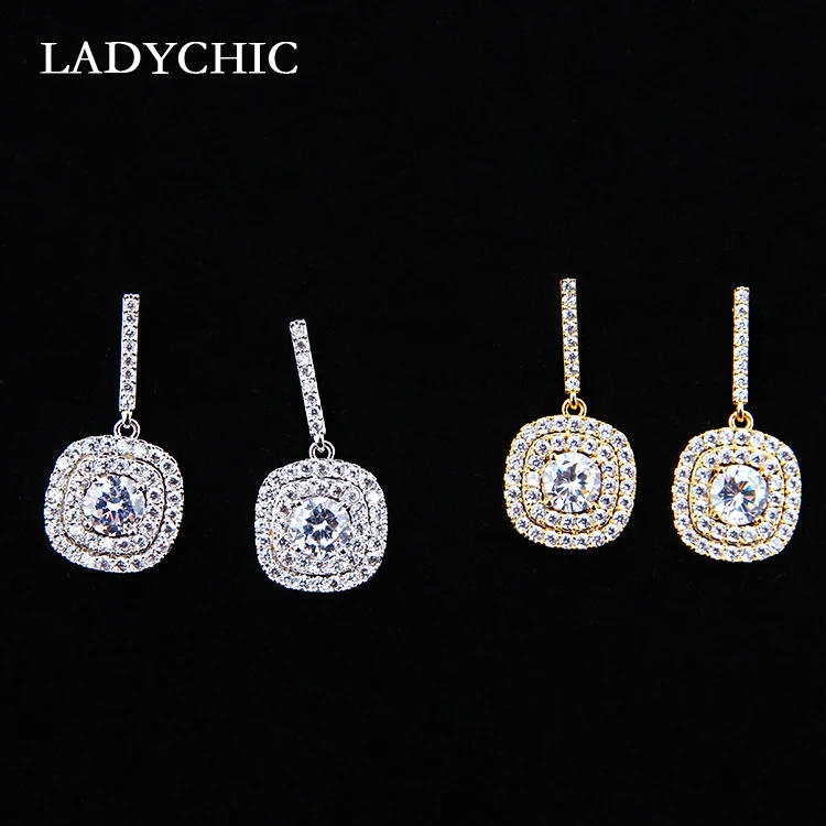 Женские двухслойные серьги подвески LADYCHIC из серебра 925 пробы с цирконом золотого