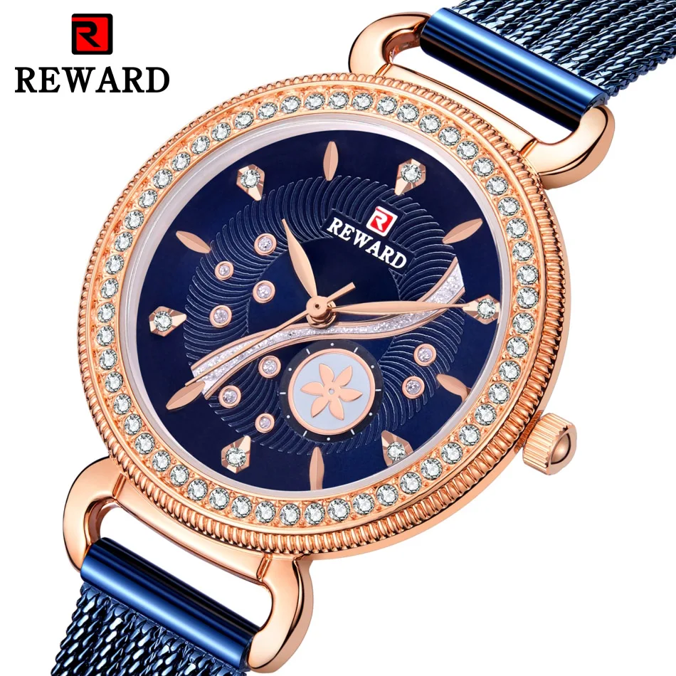 

2019 Women's Watch REWARD Top Brand Luxury Women Fashion Casual Rhinestone All Steel Ultra-Thin Mesh Lady Quartz Clock