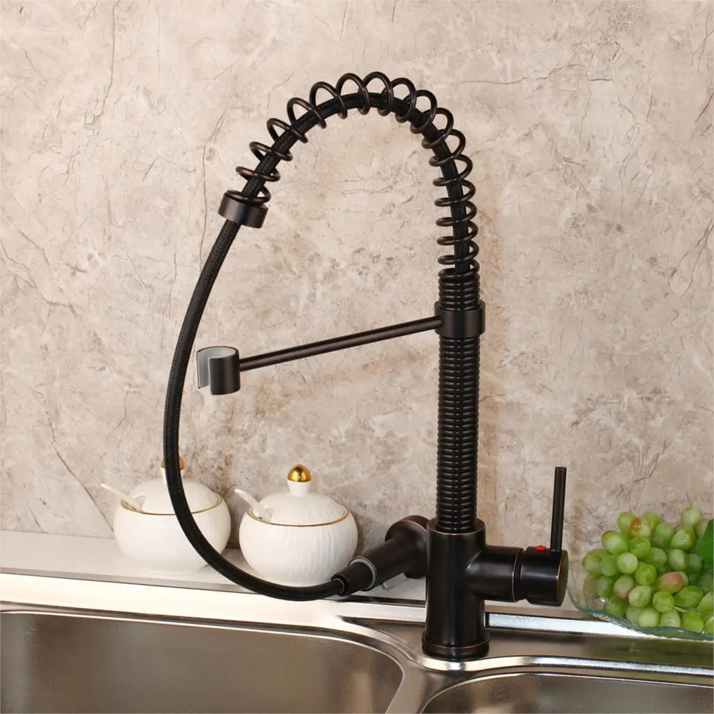 KEMAIDI, дизайн, латунный хромированный пружинный кухонный кран, 2 способа воды, черный смеситель для раковины, смеситель на бортике, вращающийся кран
