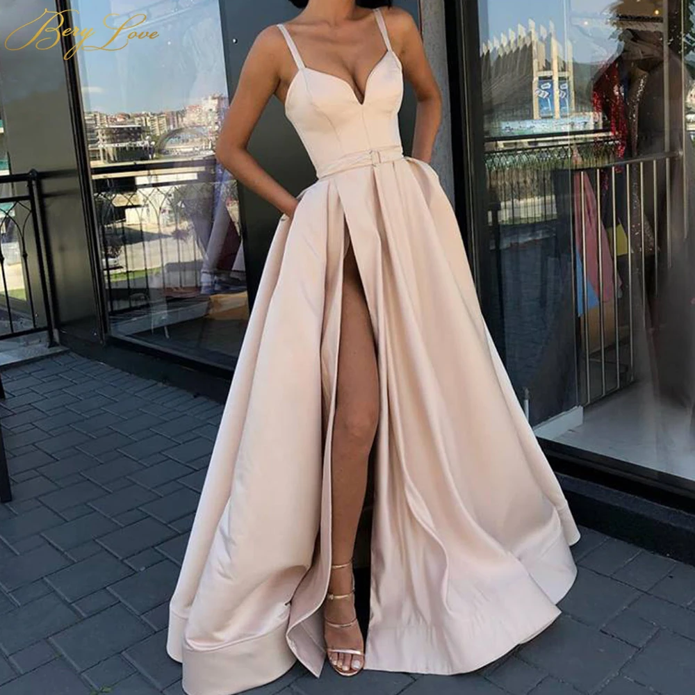 BeryLove Champagne Spaghetti Strap Evening Dress Corset High Slit Satin Formal Party Dress Tiny Belt Horse Hem Prom Dress