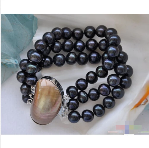 

3row 8" 10mm black round freshwater pearl bracelet p3726 @^Noble style Natural Fine jewe SHIPPING new >>free shipping
