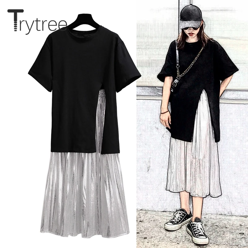 

Trytree Summer Autumn Women Casual two piece set Casual Fashion Split Hem tops + skirt Silver pleated Solid Suit Set 2 Piece Set