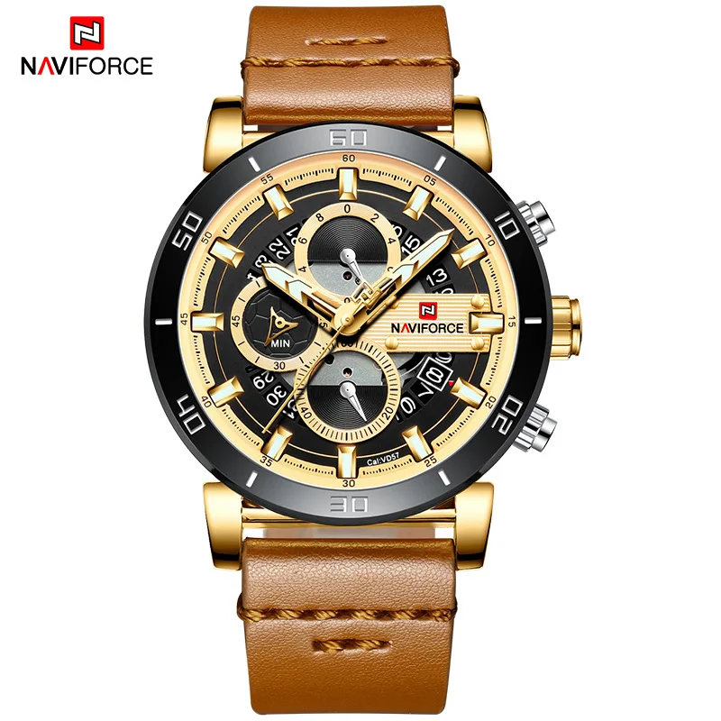 NAVIFORCE для мужчин s спортивные часы лучший бренд класса люкс водостойкие Секундомер Дата кварцевые часы кожа для мужчин наручные часы для мужчин - Цвет: Gold