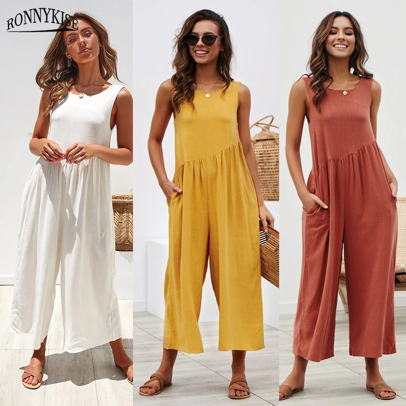

RONNYKISE Solid Color Sleeveless Jumpsuits Womens Fashion Sexy Backless Loose Playsuits Summer Casual Women Clothes
