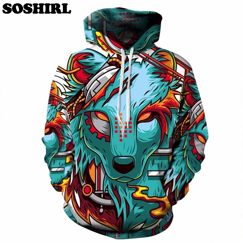 

SOSHIRL Snow Wolf Hoodie Funny Animal Cool Wolf 3D Colorful Outfit US Size Hoody Pullovers Cool Tops Punk Unisex Hoodies